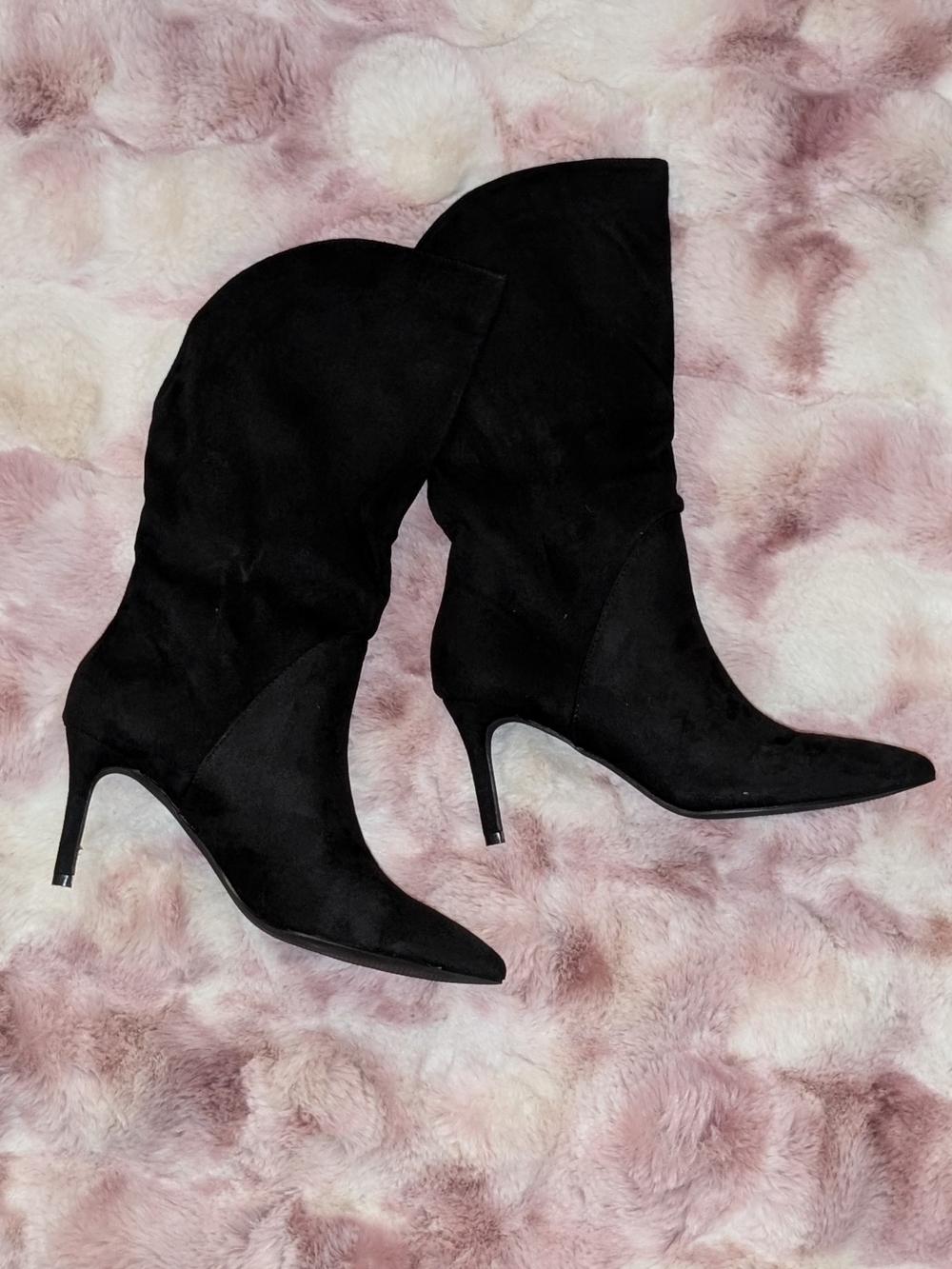 🖤 Black Faux Suede Slouchy Mid Calf Boots Pointed Toe Stiletto Heel 9 NWOT